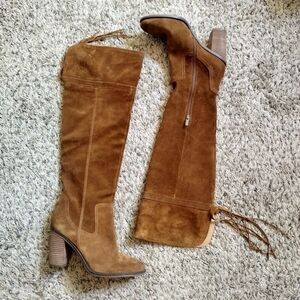 Franco Sarto Womens Elnora Cognac Suede Over The Knee OTK Fringe Boots Sz 9,5